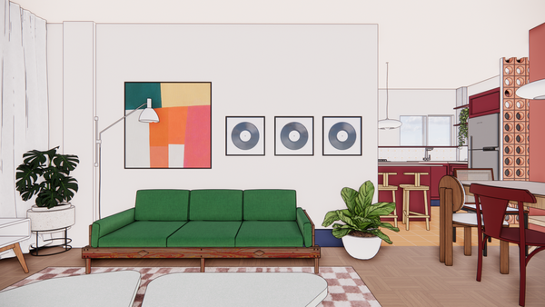 A sala de estar é o espaço para relaxar, ouvir música (com quadros temáticos de vinil) e receber amigos. Projeto: OF BRASILIS.