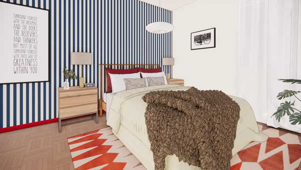 Minimalismo para o descanso, com a presença de cor e textura no papel de parede e no tapete. Projeto: OF BRASILIS.