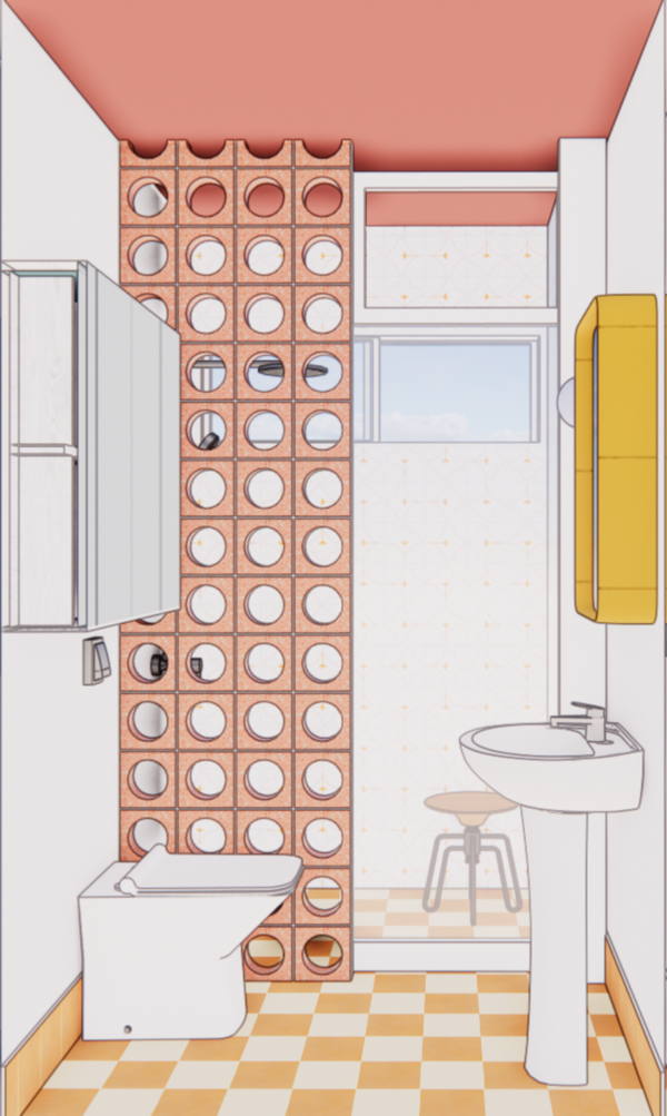 O banheiro de serviço foi convertido em um ambiente funcional e colorido para os pets, com revestimento divertido. Projeto: OF BRASILIS.