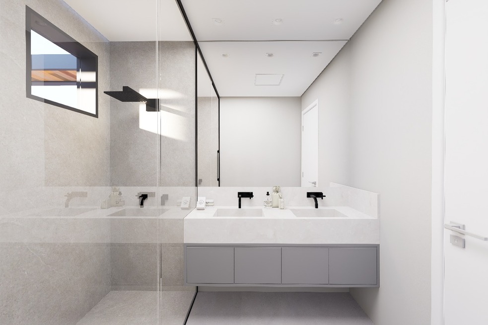 Banheiro da suíte principal com duas cubas e dois chuveiros, evidenciando o design minimalista e moderno. Projeto de Interiores Residência Vieira's em Fazenda Rio Grande no Paraná.