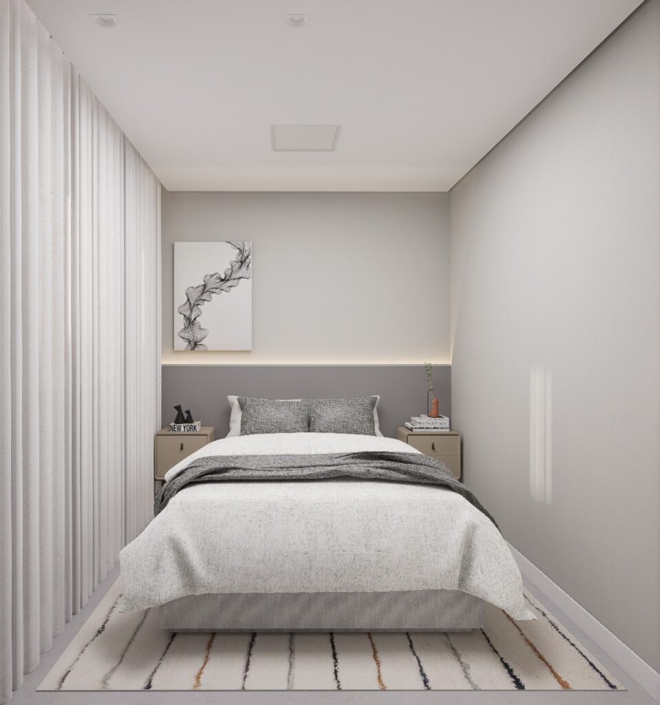 O design do quarto segue a linha minimalista, com foco no conforto e na luz. Projeto: GAS Arquitetura e Design
