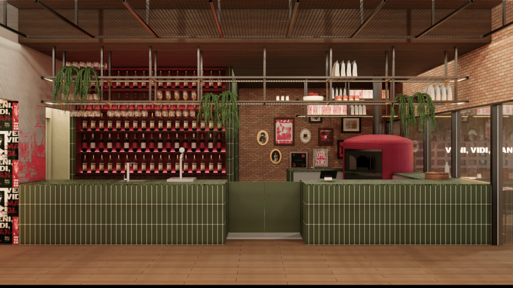 Interior de restaurante projetado com atmosfera acolhedora, combinação de elementos contemporâneos e layout funcional que valoriza a experiência dos clientes. Projeto: Pedro Dias Arquitetura