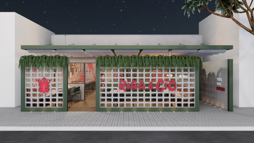 A fachada noturna do restaurante de Raffa & Gio é um convite aos clientes. Projeto: Pedro Dias Arquitetura.
