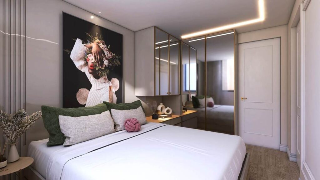 Na suíte da menina, a grande obra de arte traz personalidade e cor. Projeto: Alana Koster.