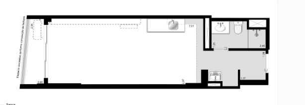 Planta baixa do studio, destacando a integração da área social e do quarto. Projeto: Estúdio FJ