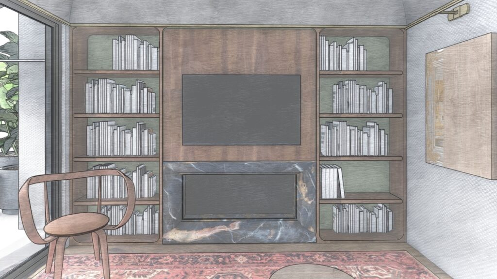 A sala da lareira foi pensada para ser um espaço de contemplação, com vista para o ambiente externo. Projeto: Studio João Falqueto