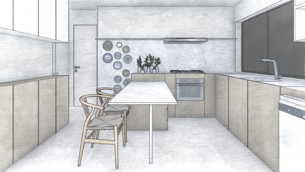 A cozinha clara e funcional conecta-se ao quintal, onde foram projetados um jardim de ervas e árvores frutíferas. Projeto: Studio João Falqueto