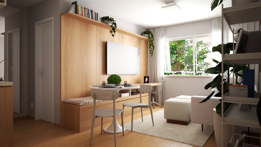 A área de jantar integrada serve tanto para refeições quanto para trabalho, maximizando o uso dos 16.3 m² da sala de estar e jantar. Projeto: Isabela Cardoso Arquitetura.