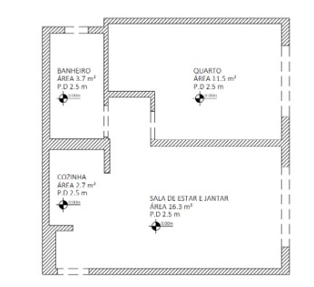 Distribuição dos cômodos: Sala de Estar e Jantar (16.3 m²), Cozinha (7.7 m²), Quarto (11.5 m²) e Banheiro (3.7 m²). Projeto: Isabela Cardoso Arquitetura