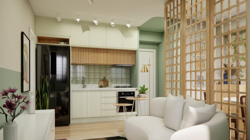 Na cozinha, a marcenaria planejada foi a principal ferramenta para setorizar e otimizar o espaço. Projeto: Bruna Ferraresi Arquitetura.