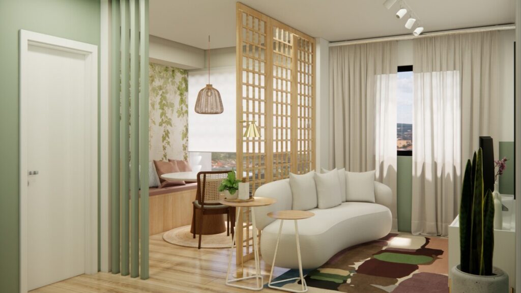 O canto alemão no terraço serve como assento e espaço de armazenamento (baú), maximizando a área. Projeto: Bruna Ferraresi Arquitetura.