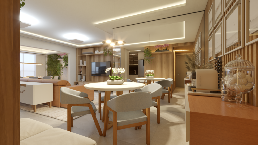 A integração visual e a coerência dos materiais conectam a sala de estar, a sala de jantar e a cozinha. Projeto: ONA Arquitetura.