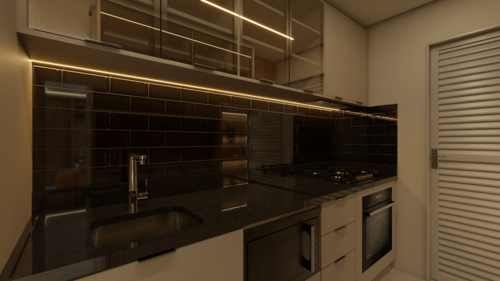 Armários planejados com iluminação em fita de LED garantem amplo armazenamento e praticidade para quem ama a gastronomia. Projeto: ONA Arquitetura.