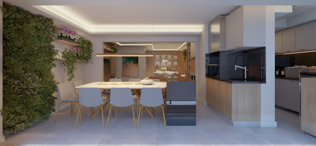 A parede verde e a mesa para oito lugares transformam a varanda no local perfeito para encontros sociais. Projeto: ONA Arquitetura.