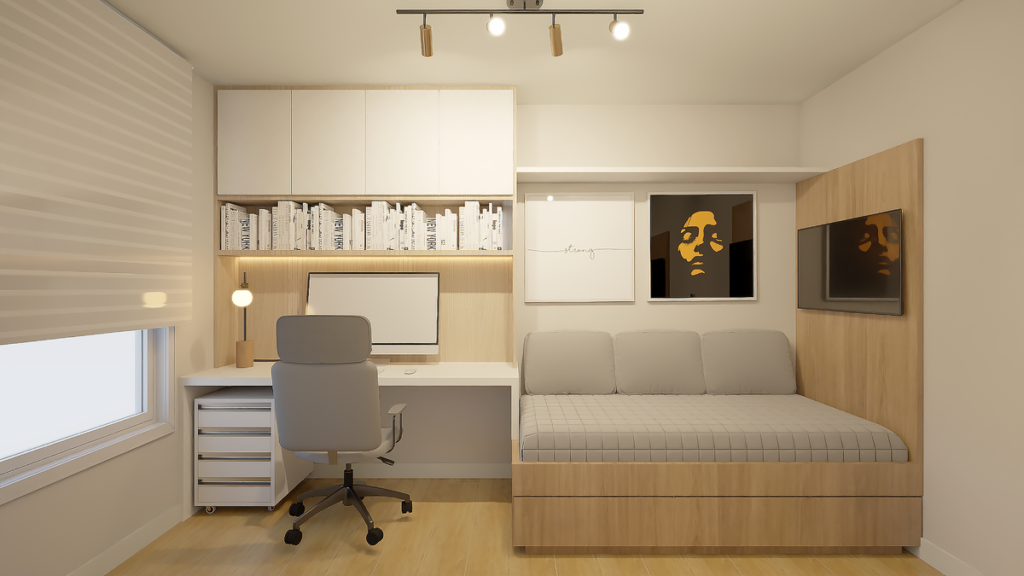 O quarto de hóspedes também se transforma em um home office completo, atendendo à rotina de trabalho do casal. Projeto: ONA Arquitetura.