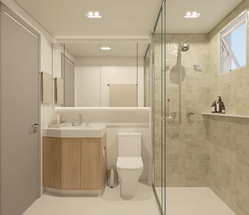O banheiro da suíte segue a paleta neutra e a funcionalidade, com armário e espelho conforme solicitado. Projeto: ONA Arquitetura.