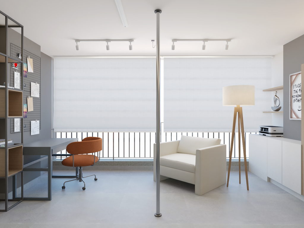 A sala é multifuncional, integrando estar, lazer e área de trabalho. Projeto: Giovanna Fusaro Arquitetura e Interiores