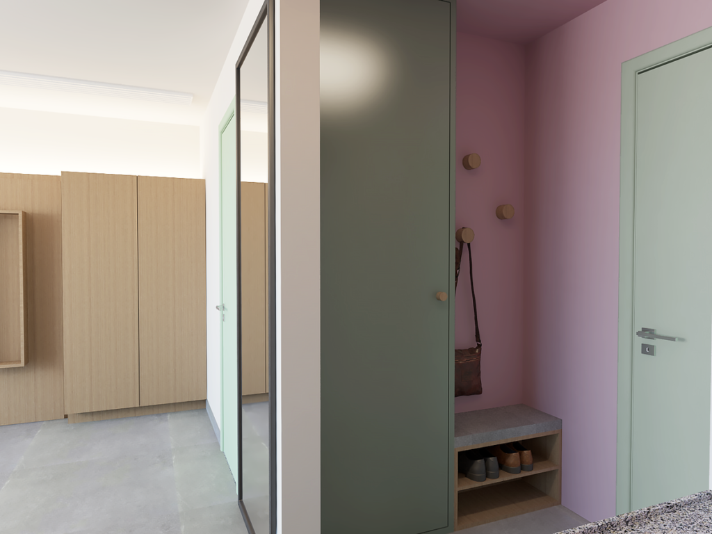 Detalhe do hall de entrada com parede rosa, armário verde e espelho no Projeto de Interiores Apartamento Ipiranga em São Paulo.