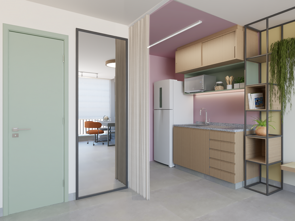 Cozinha compacta com o essencial e a estante que abraça as duas áreas. Projeto: Giovanna Fusaro Arquitetura e Interiores.