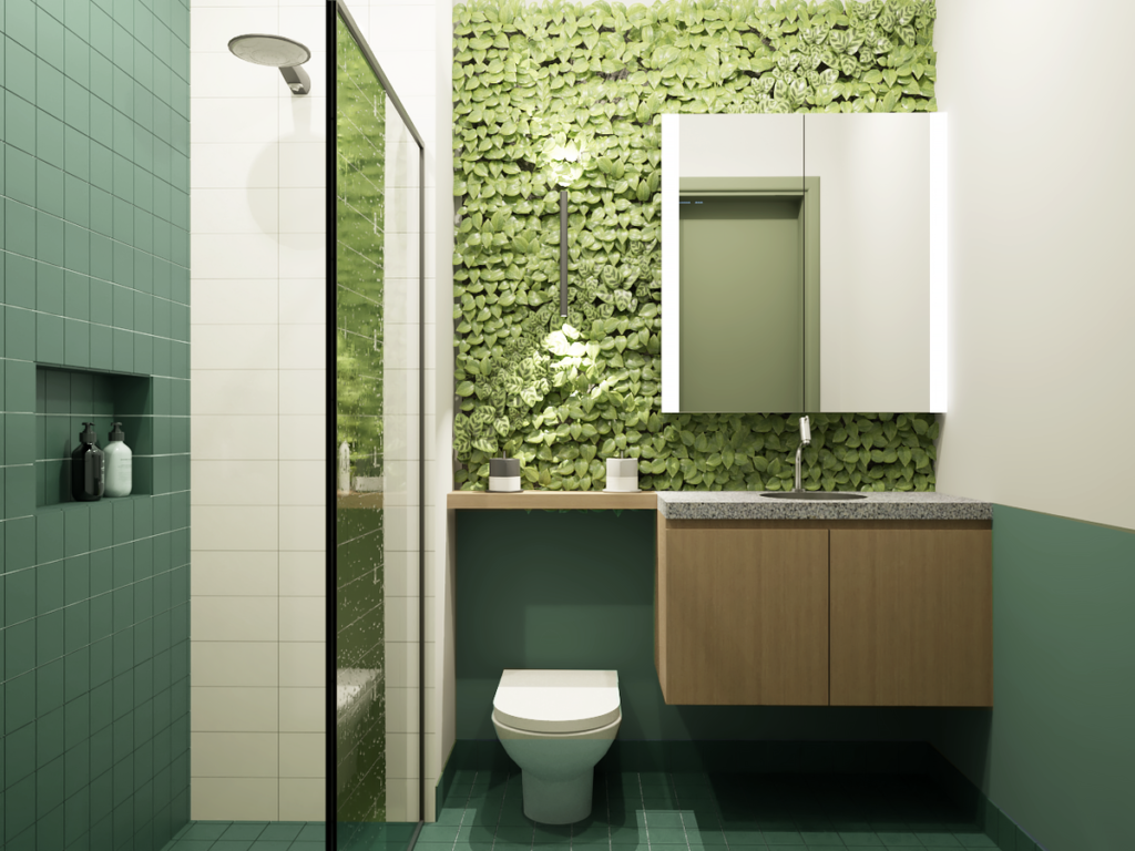A inspiração naturalista no banheiro com a parede verde vertical. Projeto: Giovanna Fusaro Arquitetura e Interiores.