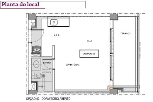 Planta baixa da Unidade 68, revelando a integração da sala, dormitório e terraço. Projeto: Giovanna Fusaro Arquitetura e Interiores.