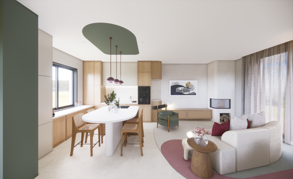 A ilha oval na cozinha, com a elegância da forma orgânica, serve para refeições rápidas e convida à circulação. Projeto: JJ GIOVANELLA ARQUITETURA.