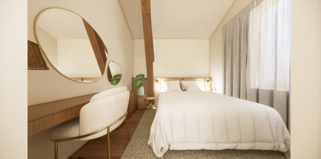 A suíte principal incorpora o espaço para home office da mãe, com um espelho de formas orgânicas que amplia o espaço. Projeto: JJ GIOVANELLA ARQUITETURA.