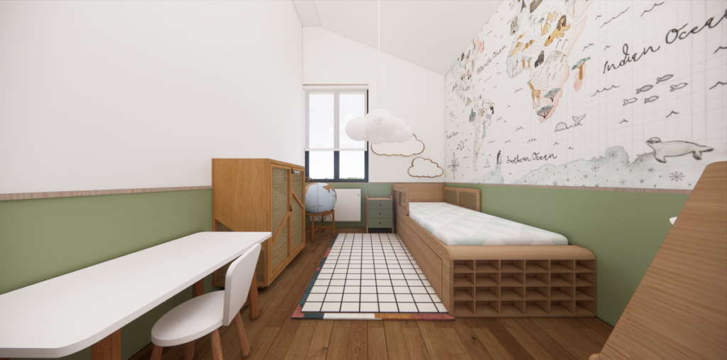 O quarto da criança une a cama simples branca com um papel de parede de mapa-múndi, integrando o lúdico com a decoração neutra. Projeto: JJ GIOVANELLA ARQUITETURA.