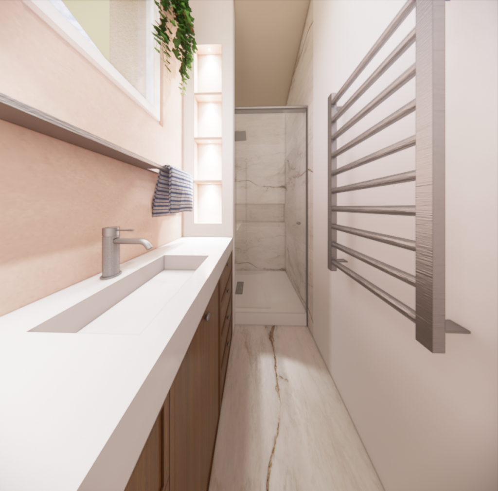 O banheiro do casal com cimento queimado e parede colorida, conforme a solicitação do briefing. Projeto: JJ GIOVANELLA ARQUITETURA.