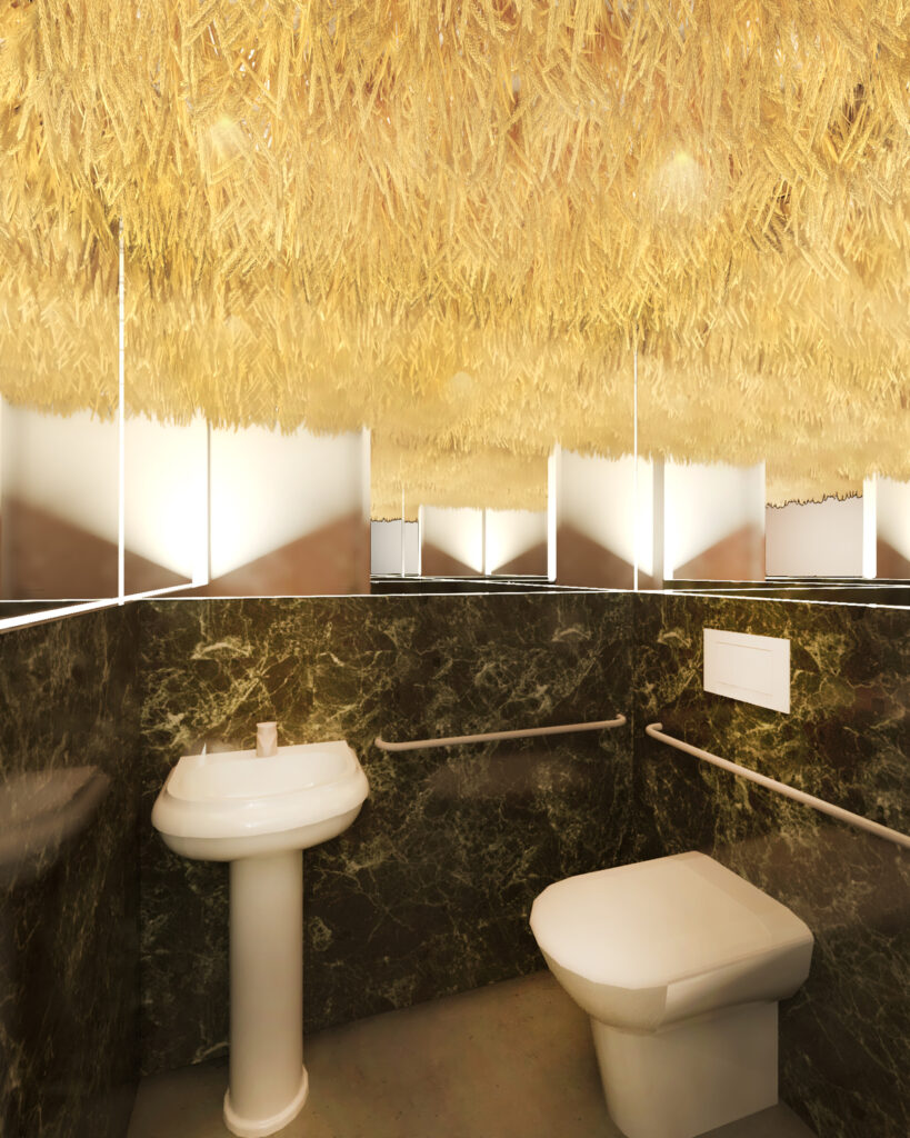 Um dos banheiros explora o mármore escuro e o inusitado teto de palha. Projeto: Ultra Arquitetura.