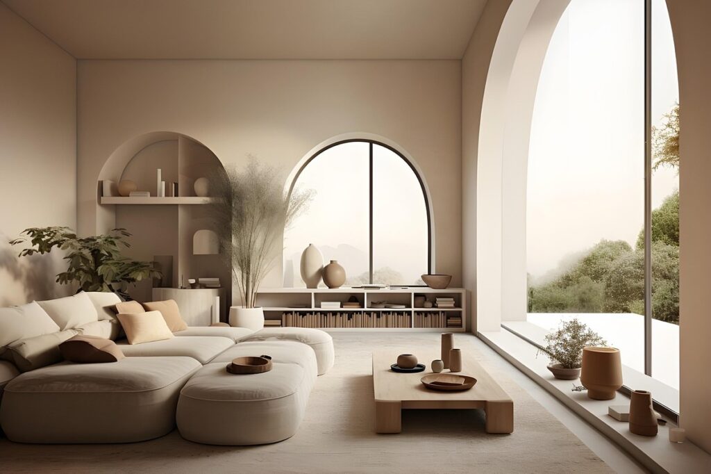 A paleta monocromática em diferentes tons de bege, areia e off-white cria um design minimalista, tátil e sereno (estilo <em>Wabi-Sabi</em>). A ênfase é na forma, na luz e na textura, em vez da cor intensa. Fonte: Pixabay