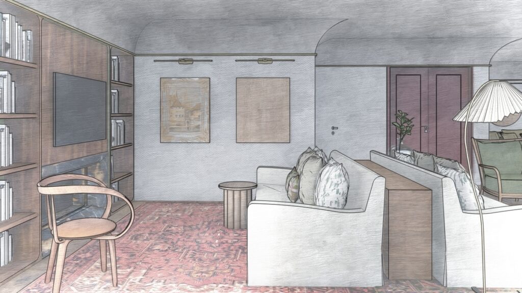 Uma visualização de projeto que mostra a combinação de tons quentes (madeira, tapete) e linhas curvas, evidenciando o aconchego e a personalidade do design. Projeto: Studio João Falqueto