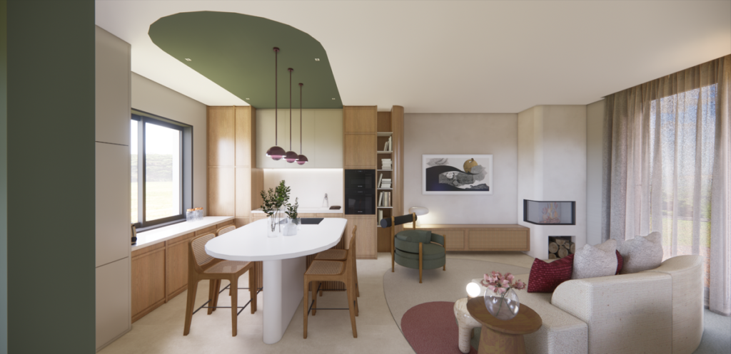 O destaque fica por conta do teto em formato orgânico e cor verde musgo, criando um delimitador visual e um toque de personalidade. Projeto: JJ Giovanella Arquitetura