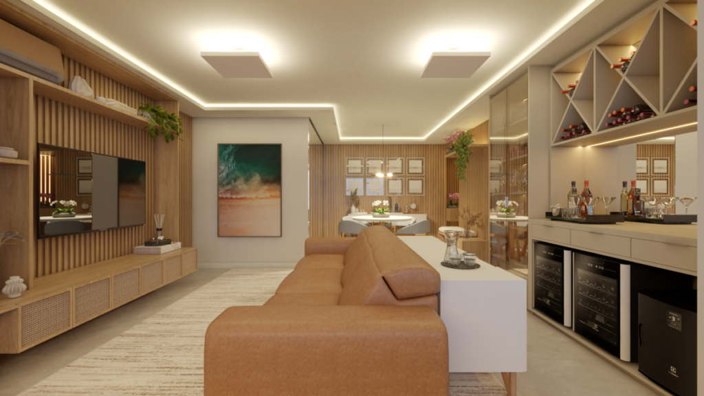 A integração com a área de <em>bar</em> e <em>adega</em>, juntamente com o sofá em tom caramelo, cria um ambiente ideal para entretenimento e convívio social. Projeto: ONA Arquitetura