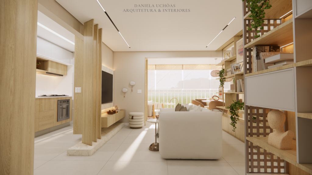 A paleta de tons neutros e a madeira clara criam um ambiente acolhedor. Projeto: Daniela Uchôas Arq. e Interiores.