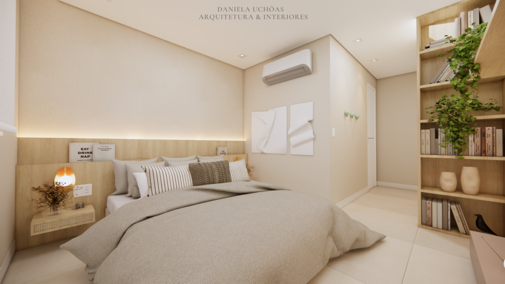 A suíte é um convite ao descanso, com visual leve e minimalista. Projeto: Daniela Uchôas Arq. e Interiores.