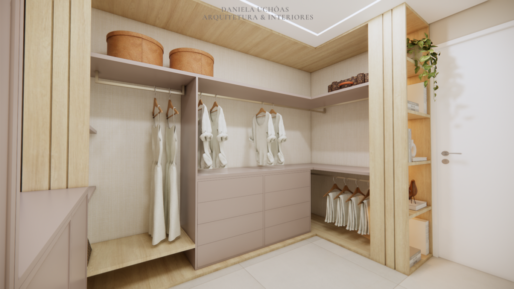 O closet oferece nichos e gavetas para organização completa do vestuário. Projeto: Daniela Uchôas Arq. e Interiores.