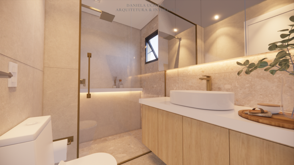 O banheiro une estética e funcionalidade com boa iluminação e metais elegantes. Projeto: Daniela Uchôas Arq. e Interiores.