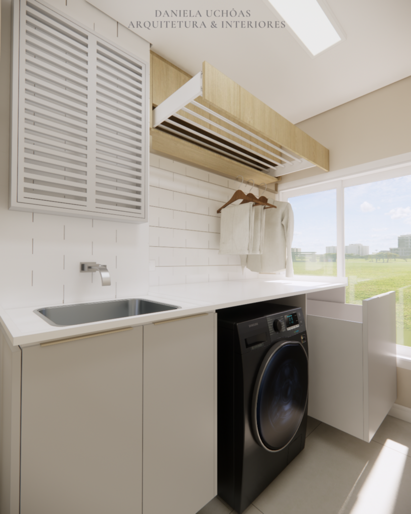 Lavanderia funcional e organizada, com itens embutidos para otimizar o espaço. Projeto: Daniela Uchôas Arq. e Interiores.