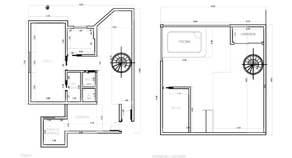 Planta baixa detalhada da Cobertura Lavrini, evidenciando a distribuição do térreo e do pavimento superior com piscina. Projeto: STUDIO LUMMI