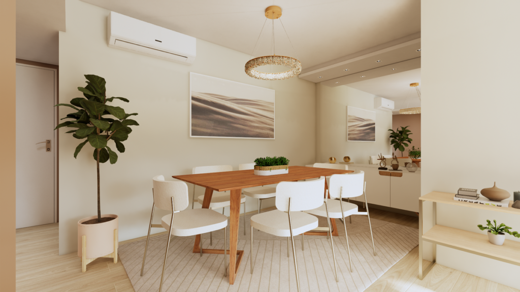 A sala de jantar, um ambiente de uso diário, aproveita a luz natural. Projeto: STUDIO LUMMI