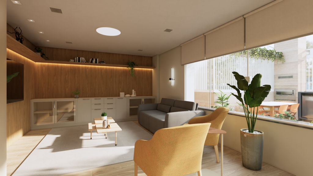 Sala de estar, pensada como um espaço de convivência e leitura, sem TV. Projeto: STUDIO LUMMI