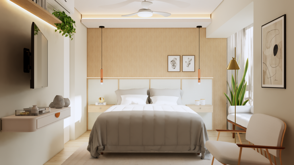 O conforto e a leveza da suíte master com sua paleta de cores suaves. Projeto: STUDIO LUMMI