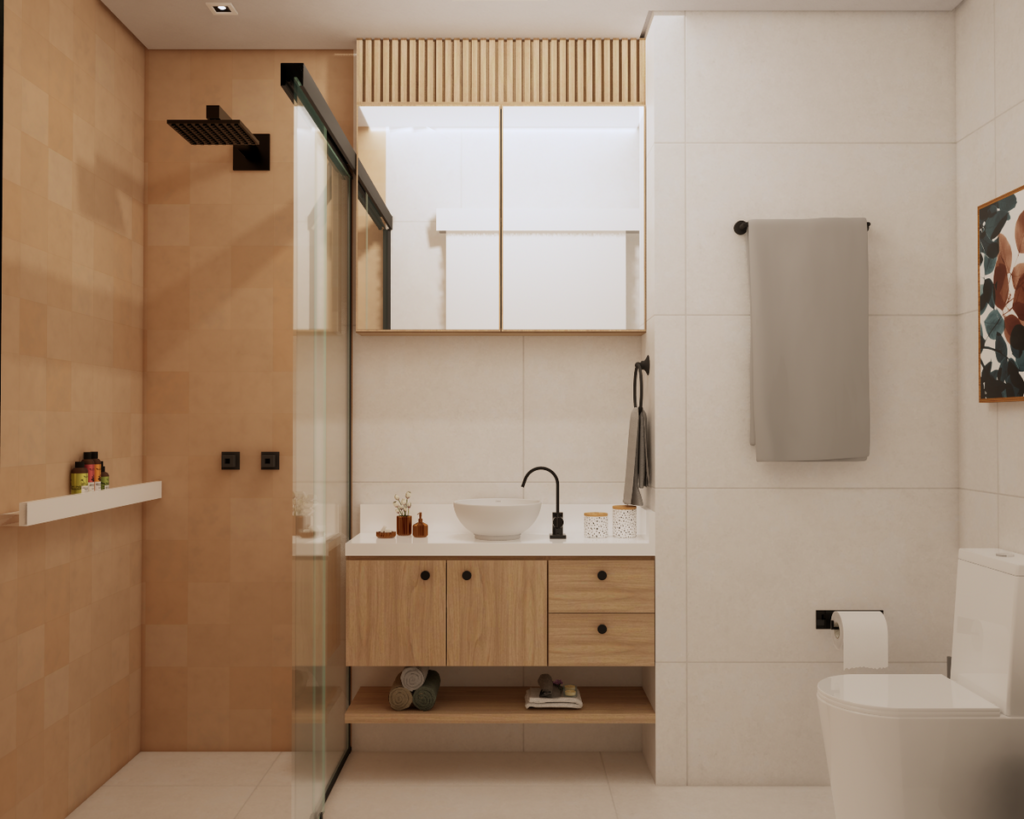 Banheiro com destaque para a combinação de cores neutras e revestimento em tom de terracota no box. Projeto: STUDIO LUMMI