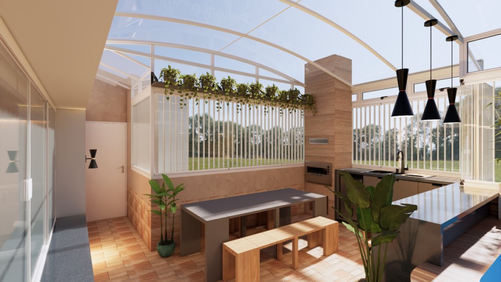 Vista da área gourmet no pavimento superior, ideal para os churrascos do casal. Projeto: STUDIO LUMMI