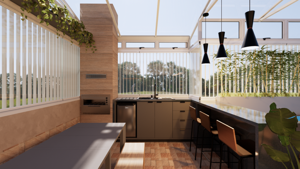 Bancada do bar e churrasqueira embutida, com ventilação otimizada. Projeto: STUDIO LUMMI