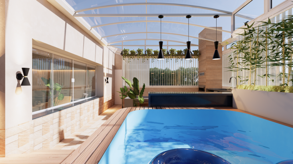 A piscina no segundo pavimento é um convite ao relaxamento e lazer. Projeto: STUDIO LUMMI