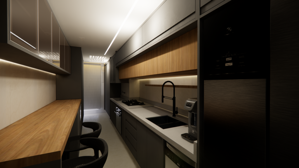 Cozinha pensada para quem ama cozinhar, com tudo à mão. Projeto: PB Arquitetura.