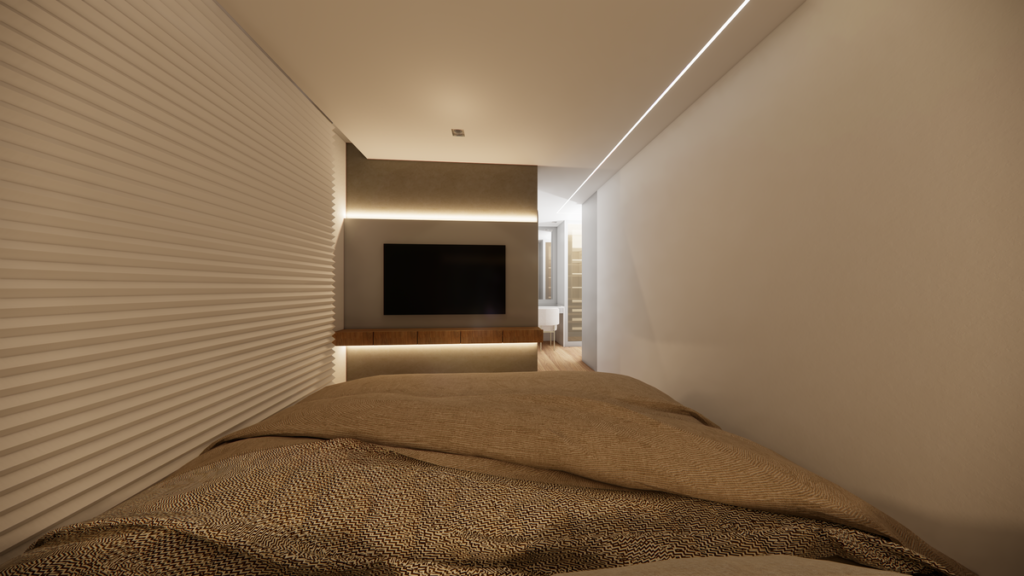 Design clean e acolhedor para o quarto principal. Projeto: PB Arquitetura.