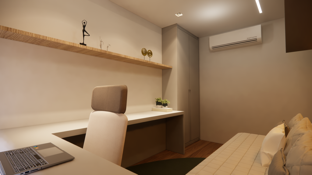 O home office é um espaço de trabalho e leitura integrado ao design do apartamento. Projeto: PB Arquitetura.